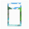 A rectangular acrylic or glass photo frame with rounded corners, featuring a colorful cartoon landscape border. The border depicts a blue sky, white clouds, green trees, gray rocks, and a light blue river with a small character at the bottom.