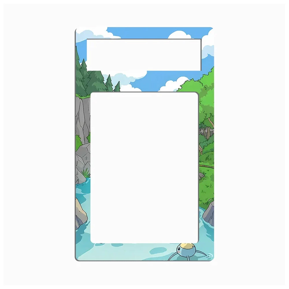 A rectangular acrylic or glass photo frame with rounded corners, featuring a colorful cartoon landscape border. The border depicts a blue sky, white clouds, green trees, gray rocks, and a light blue river with a small character at the bottom.