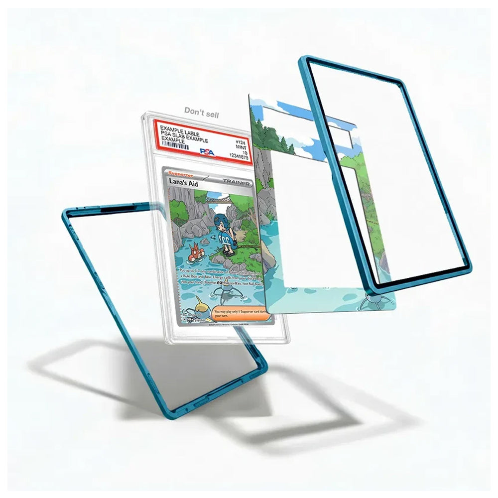 A set of transparent screen protectors with a metallic teal-blue border, shown floating around a framed Pokémon card. The card is used as a demonstration prop to show how the screen protectors fit and look when applied, set against a clean white background with soft shadows.