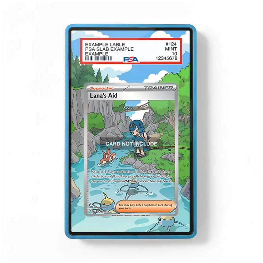A PSA graded slab containing a custom anime trading card, featuring Lana's Aid from Pokémon on a white background.