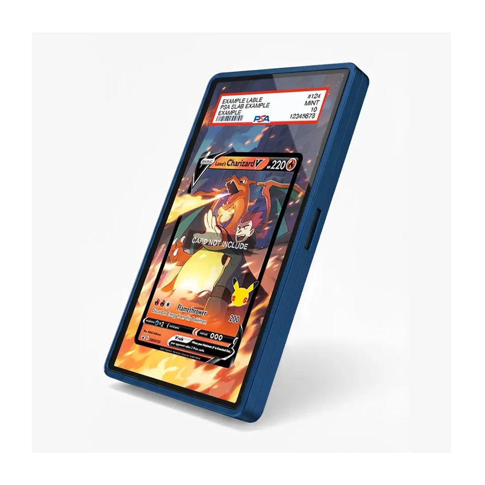 A blue protective phone case with a clear tempered glass screen protector, shown on a smartphone displaying a Pokémon Charizard card. The case is set against a clean, light gray background.