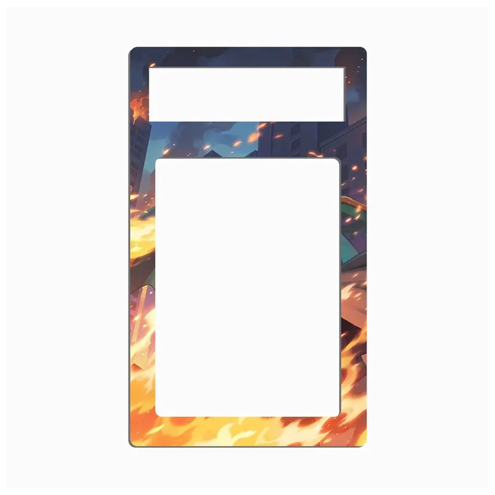 A rectangular decorative plate or frame with rounded corners, featuring an anime-style illustration of a fiery city scene. The design shows orange and yellow flames at the bottom, a dark blue night sky with embers, and a building silhouette in the background.
