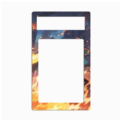 A rectangular decorative plate or frame with rounded corners, featuring an anime-style illustration of a fiery city scene. The design shows orange and yellow flames at the bottom, a dark blue night sky with embers, and a building silhouette in the background.
