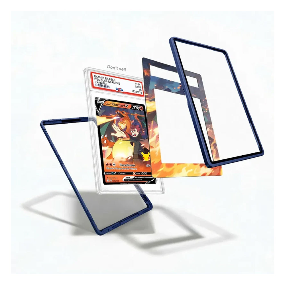 Three transparent protective card cases with dark blue borders are shown floating around a graded Pokémon TCG card on a white background.