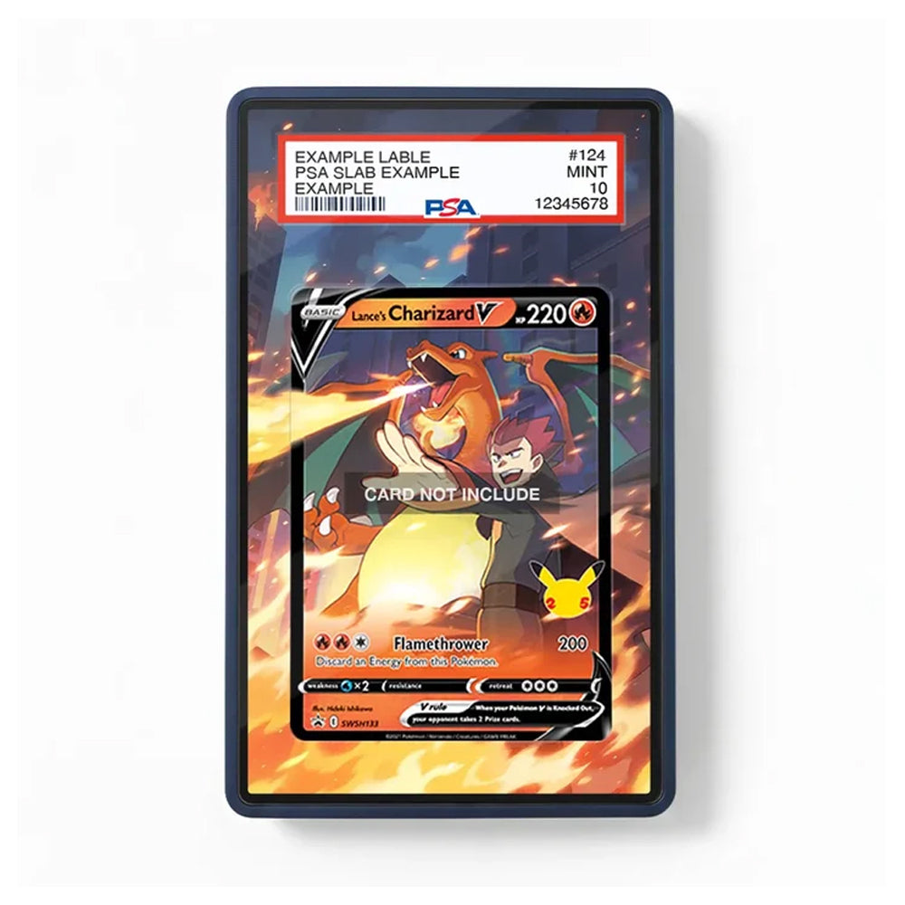 A framed or bordered display card showing a Pokémon Charizard V trading card example with a PSA grading label at the top, photographed against a plain white background.