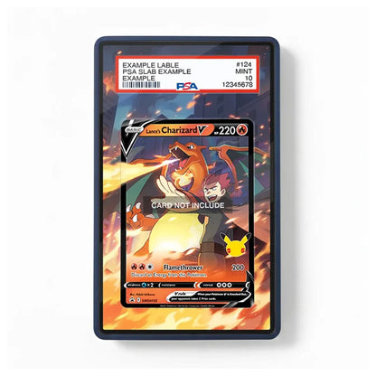 A framed or bordered display card showing a Pokémon Charizard V trading card example with a PSA grading label at the top, photographed against a plain white background.