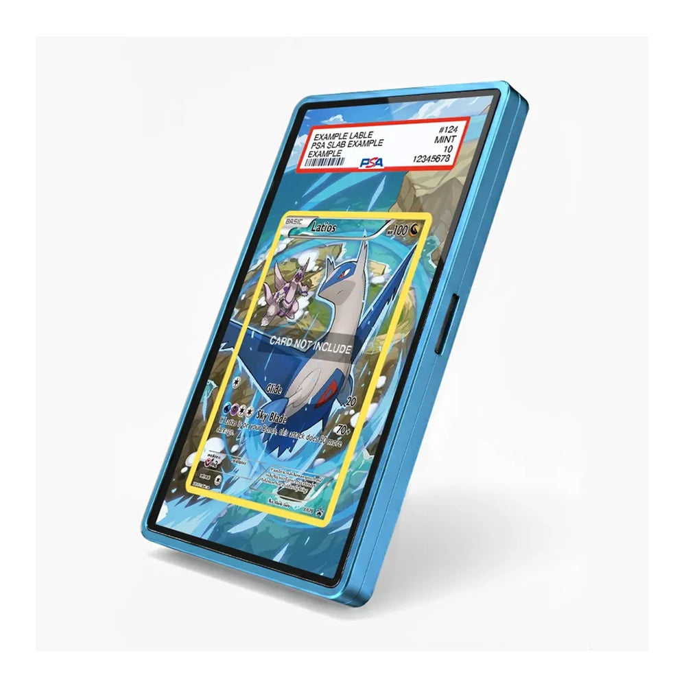 A blue protective case for a smartphone, shown at an angle on a light gray background. The screen displays a colorful Pokémon trading card insert, and a PSA certification label is visible at the top of the screen.