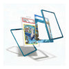A clear acrylic display card holder with a translucent blue frame, shown in multiple angles with a graded Pokémon TCG card inside on a white background.