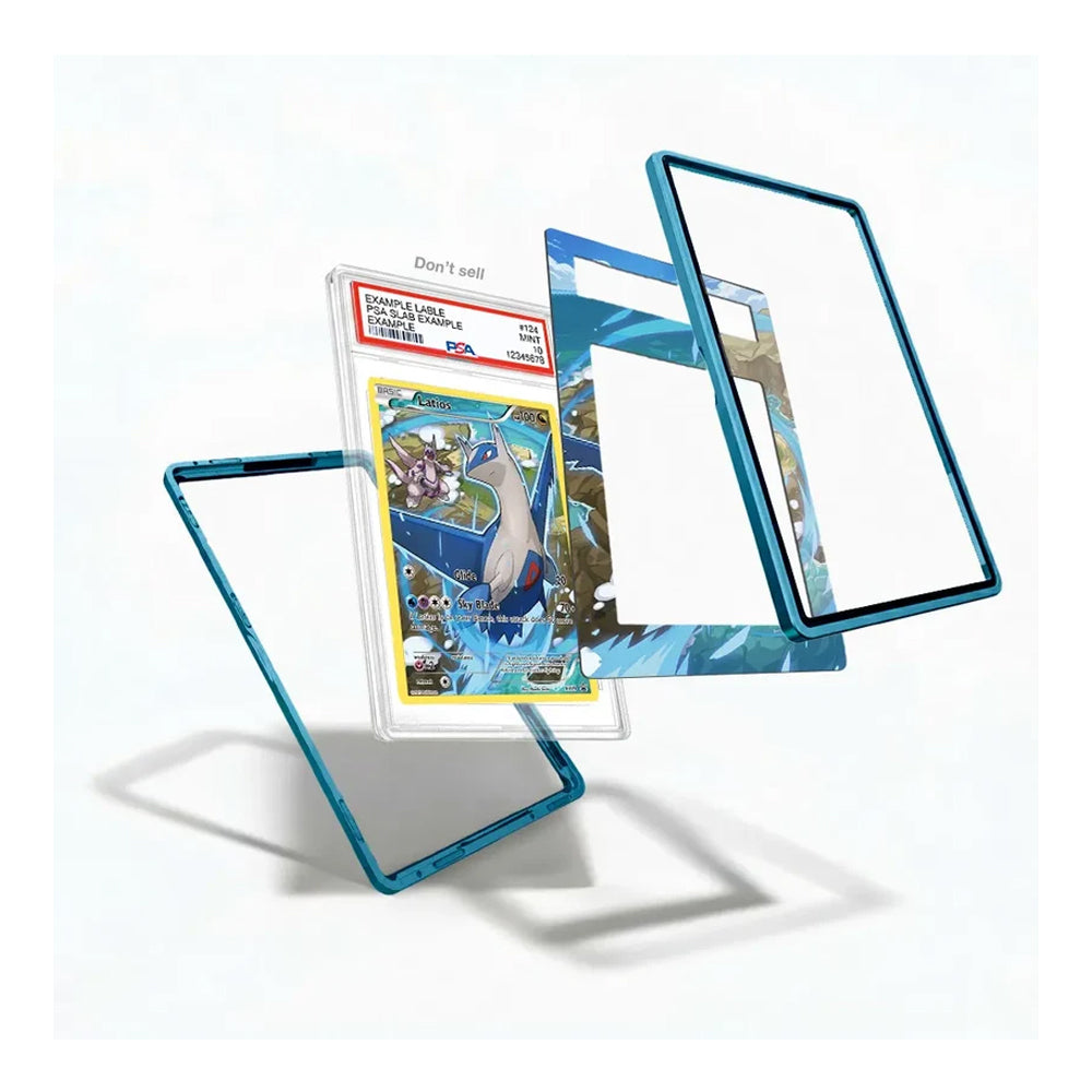 A clear acrylic display card holder with a translucent blue frame, shown in multiple angles with a graded Pokémon TCG card inside on a white background.