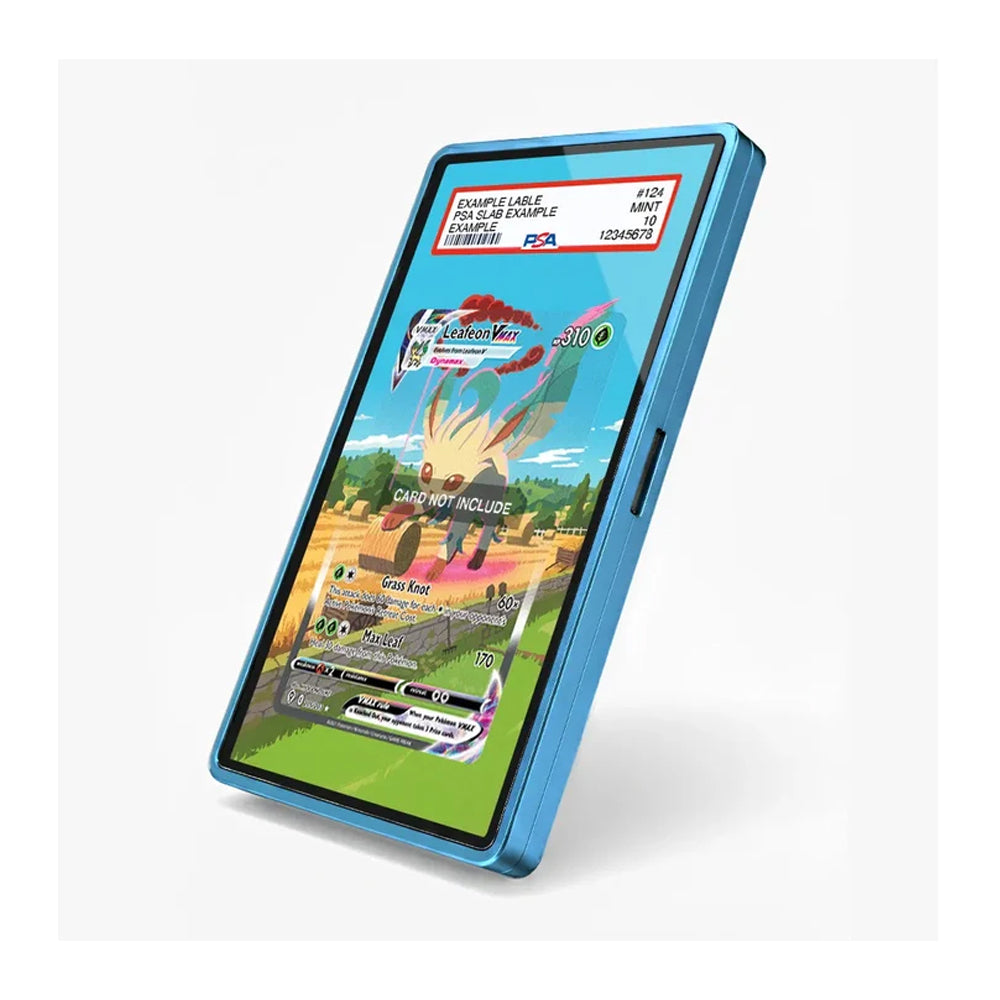 A blue protective smartphone case shown standing upright at an angle, with a screen protector applied to a phone inside. The screen displays a colorful Pokémon battle game interface.