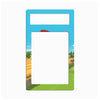 A decorative rectangular picture frame with rounded corners, featuring a blue sky and green landscape illustration around the border, with a large blank white center and a smaller blank white top section.