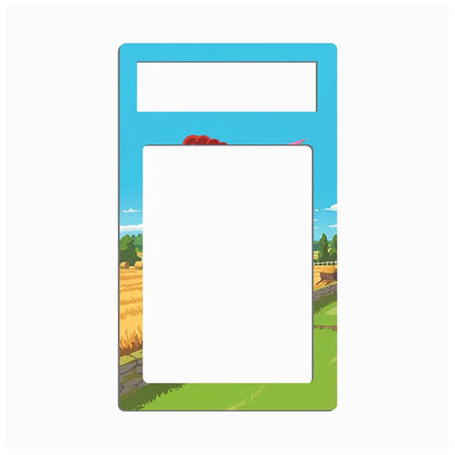 A decorative rectangular picture frame with rounded corners, featuring a blue sky and green landscape illustration around the border, with a large blank white center and a smaller blank white top section.