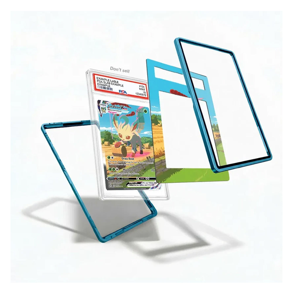 Blue transparent protective card cases shown floating in an exploded view, with one case holding a Pokémon trading card insert and others displaying their clear, tinted, and full-frame options on a white background.