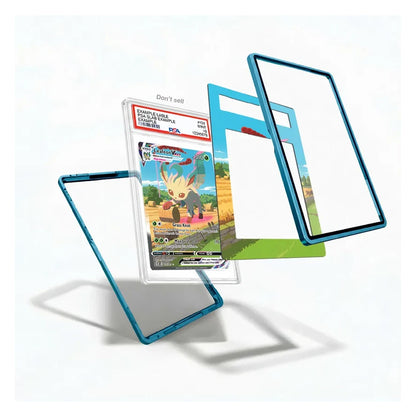 Blue transparent protective card cases shown floating in an exploded view, with one case holding a Pokémon trading card insert and others displaying their clear, tinted, and full-frame options on a white background.