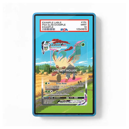A PSA graded sample Pokémon trading card slab with a blue acrylic holder, showing a Leafeon Vazzata card example on a white background.