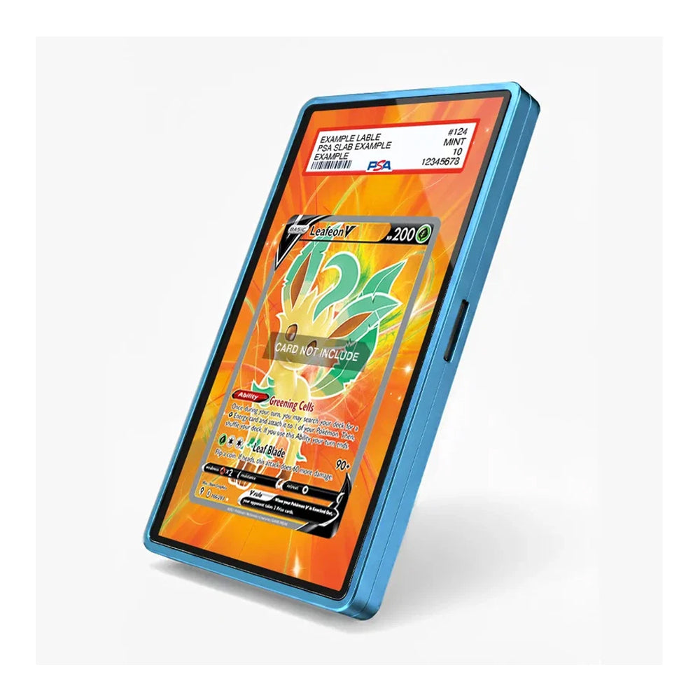 A blue protective case for a Pokémon trading card game card, shown on a white background. The card inside features a vibrant orange and yellow design with a green and yellow Charizard illustration.
