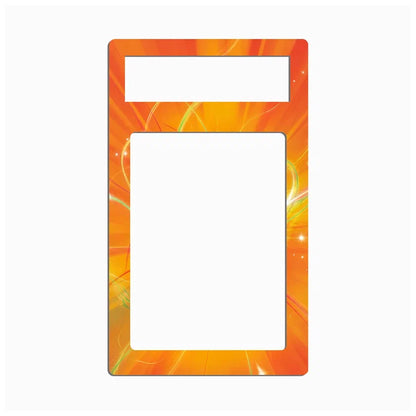 A rectangular card holder or picture frame with a vibrant orange and yellow abstract flame-like pattern, shown on a plain white background.