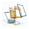 Three clear acrylic card protectors with printed borders are shown floating around a graded Pokémon card featuring Eevee. One protector has a blue border, one has an orange border, and one is clear with a black border.