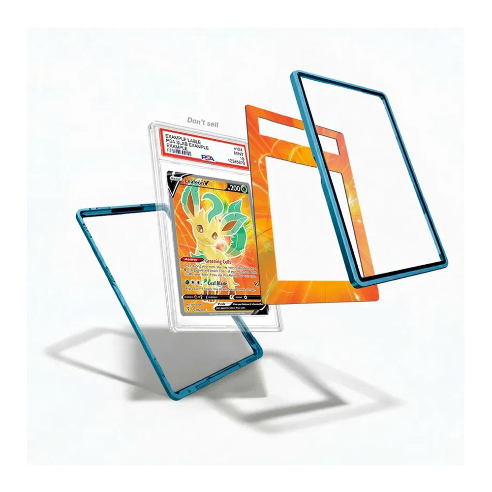 Three clear acrylic card protectors with printed borders are shown floating around a graded Pokémon card featuring Eevee. One protector has a blue border, one has an orange border, and one is clear with a black border.