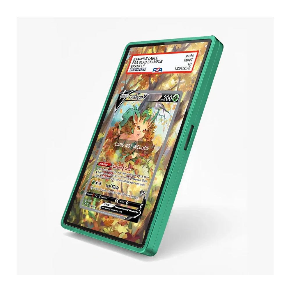A green protective phone case shown at an angle, displaying a colorful Pokémon card game screen inside. The case is photographed on a clean, light gray background.