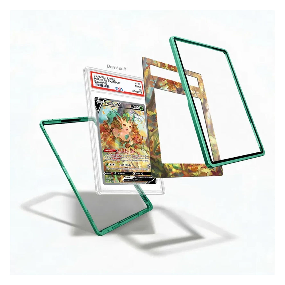 A clear acrylic card protector case with a translucent green frame, shown disassembled with two inner panels and a graded Pokémon TCG card inside, on a clean white background.