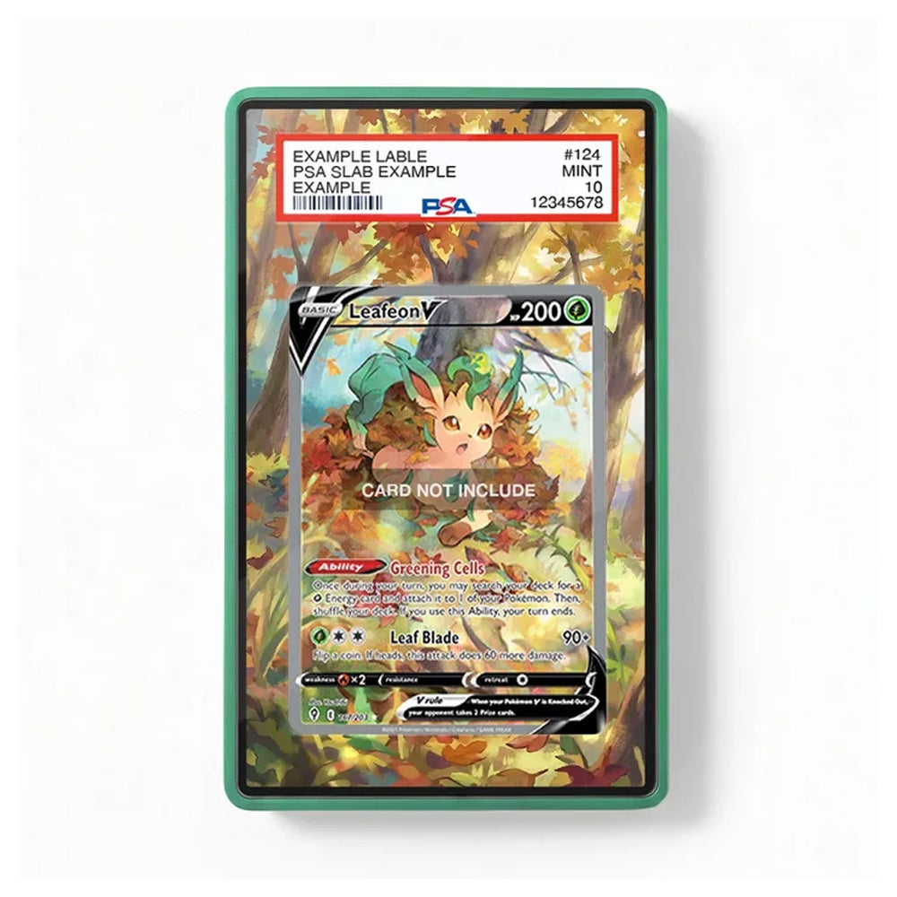 A PSA graded collectible Pokémon TCG card in a clear protective slab, featuring a LeafonV card with an autumn forest illustration and a green border around the slab.