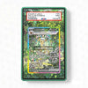 Pokémon trading card in a green display case with label