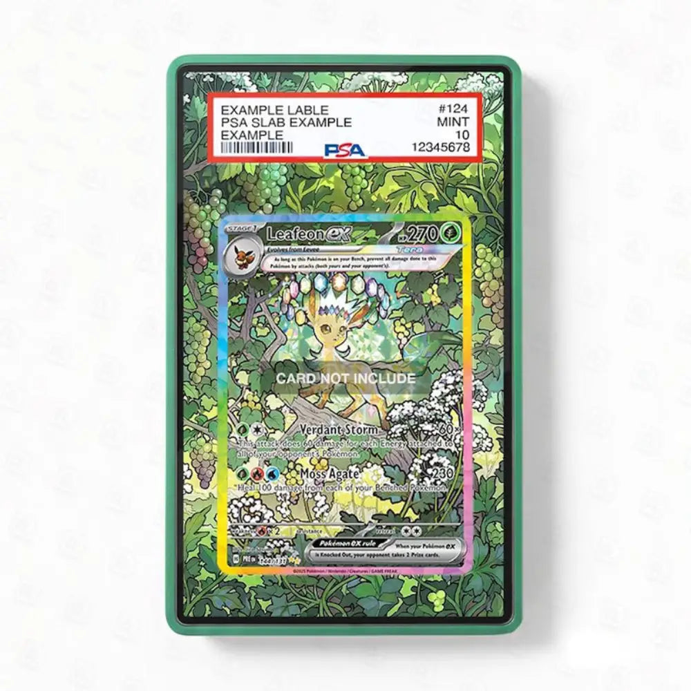 Pokémon trading card in a green display case with label