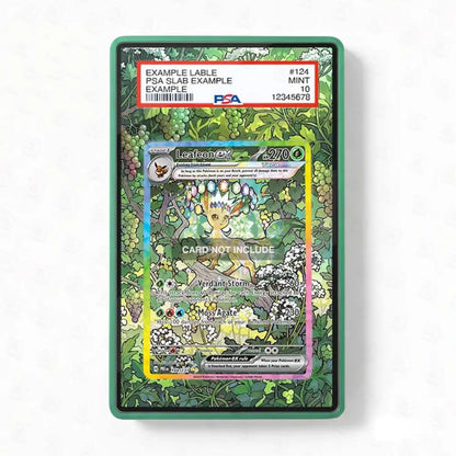 Pokémon trading card in a green display case with label