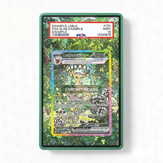 Pokémon trading card in a green display case with label