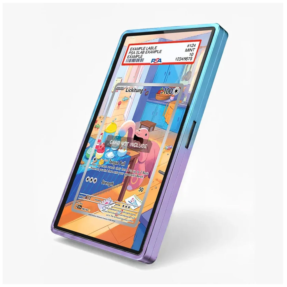 A slim smartphone shown at an angle on a light gray background, featuring a translucent protective skin or case with a blue-to-purple gradient border. The phone screen displays a colorful card game interface.