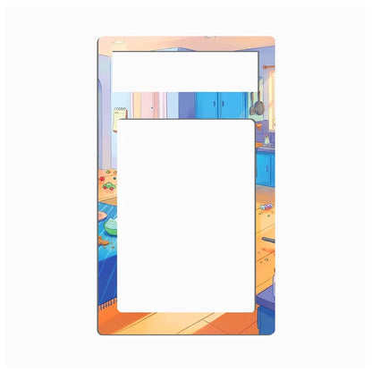 A rectangular desk calendar or notepad with rounded corners, featuring a colorful cartoon kitchen illustration on the border and two blank white writing areas.