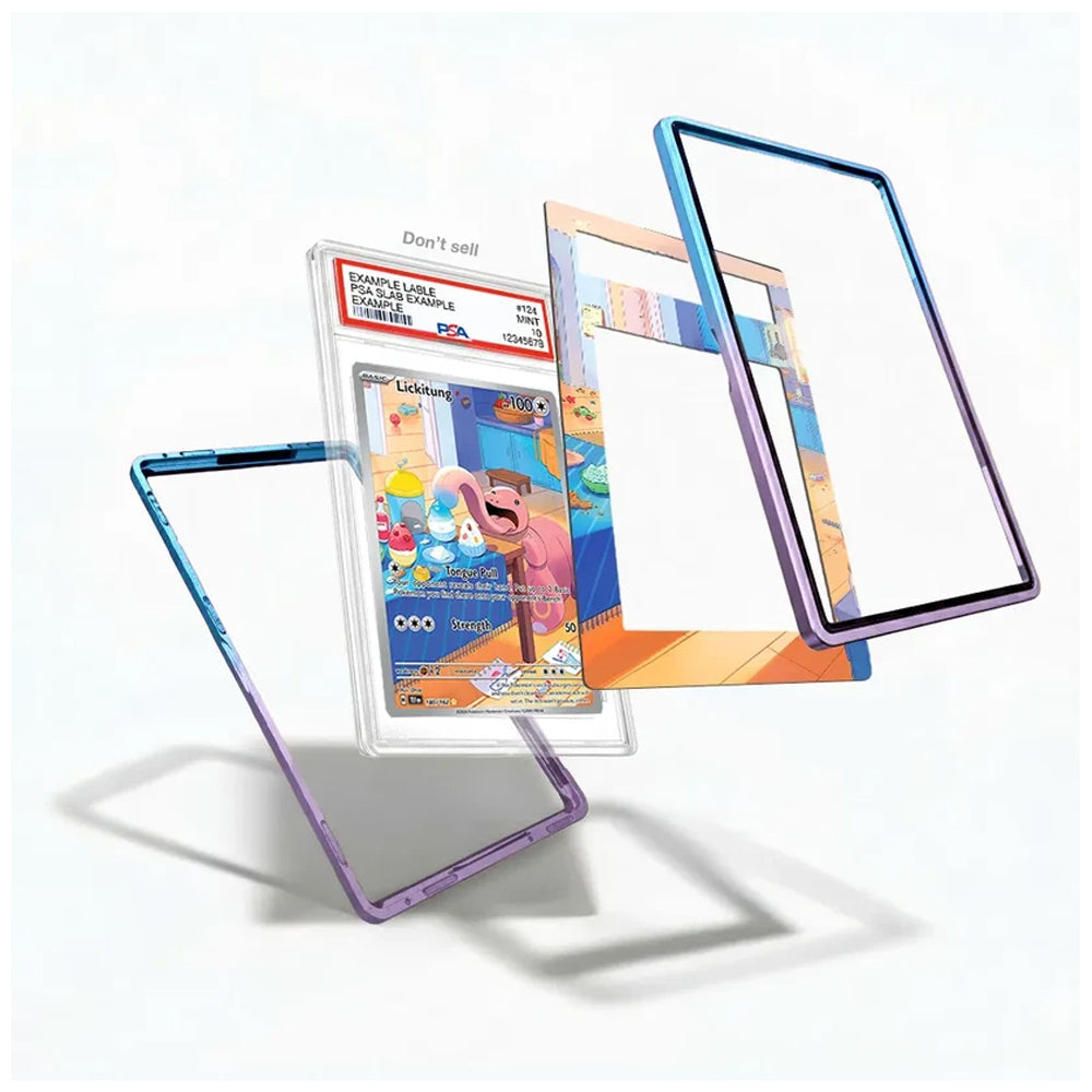 A set of transparent protective phone cases with colorful gradient borders, shown floating around a graded trading card on a clean white background.