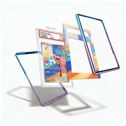 A set of transparent protective phone cases with colorful gradient borders, shown floating around a graded trading card on a clean white background.