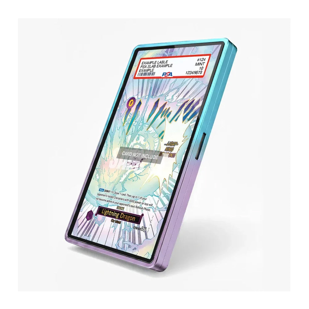 A slim rectangular tablet or e-reader device shown standing at an angle on a light gray background. The front display shows a colorful illustrated page with text overlays, and the device has a metallic blue-to-purple edge color.