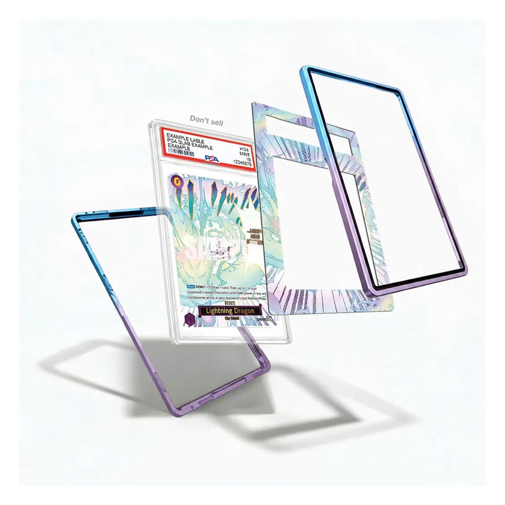 Three transparent protective phone screen frames with colorful borders are shown floating against a white background, alongside a graded certified authentic card insert.