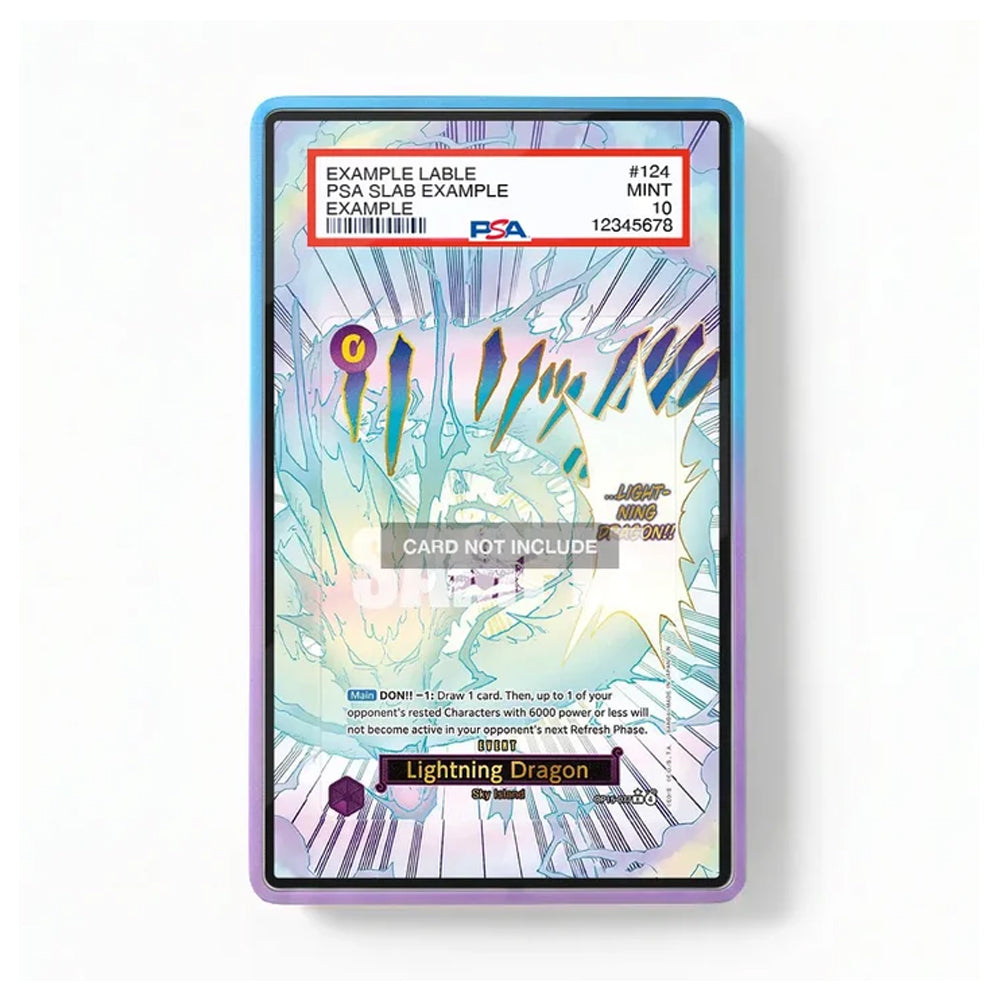 A holographic collectible card slabbed in a clear acrylic holder with a purple border. The card features a lightning dragon design with iridescent light effects and a white header label at the top containing grading details.