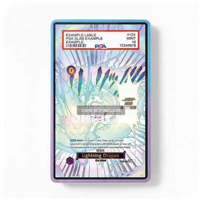 A holographic collectible card slabbed in a clear acrylic holder with a purple border. The card features a lightning dragon design with iridescent light effects and a white header label at the top containing grading details.