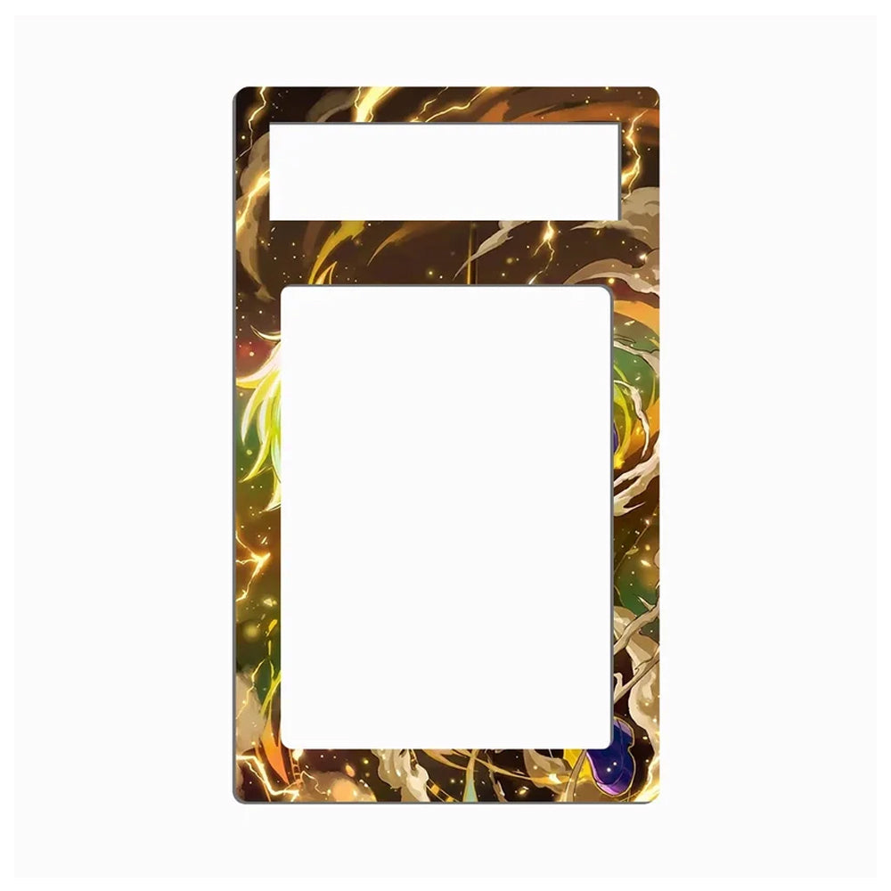 A decorative rectangular plate frame with a large blank white center cutout and a smaller horizontal cutout at the top, featuring an abstract fantasy-style border in gold, brown, green, blue, and orange tones on a light gray background.