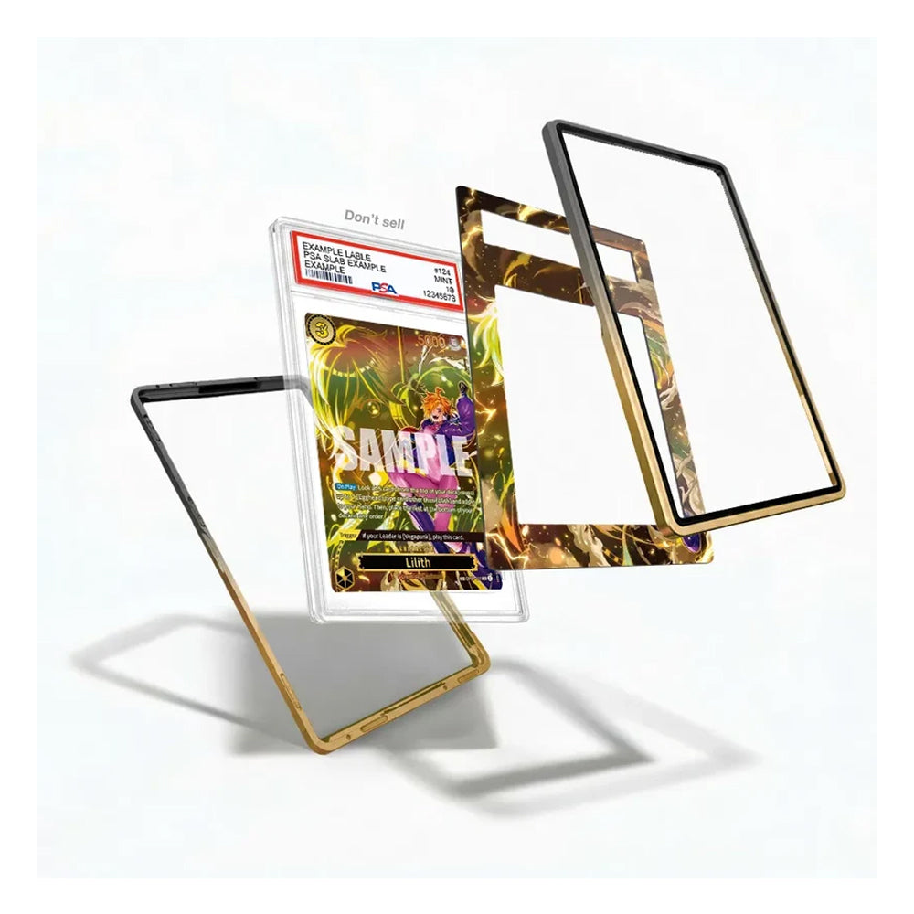Four smartphone screen protectors arranged in a floating studio composition on a white background. One protector is shown installed over a phone screen with a collectible card insert visible behind it.
