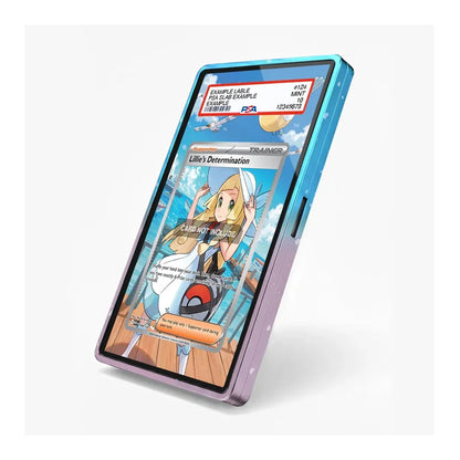 A smartphone case shown on a phone mockup, featuring a colorful anime-style screen design and a metallic gradient border shifting from blue to purple, photographed on a clean white background.