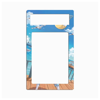 A rectangular decorative frame or magnet with a blue sky and ocean anime-style illustration, featuring two blank white cutout areas, shown on a plain white background.