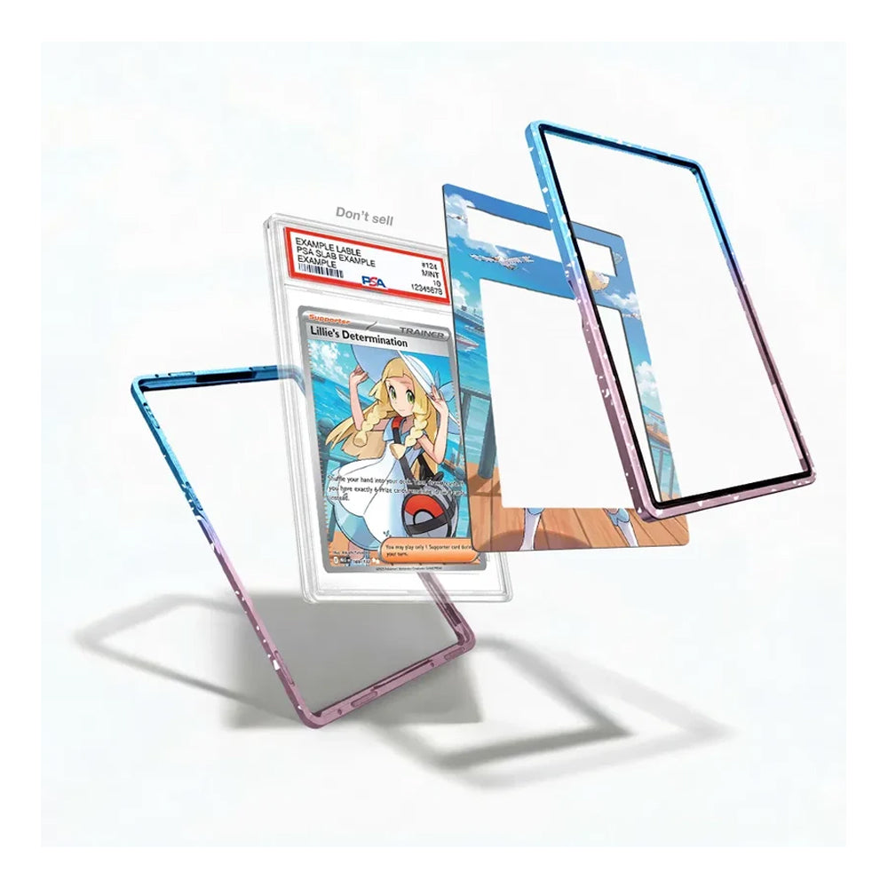 Three clear smartphone cases with blue-to-pink gradient edges are shown floating around a graded Pokémon TCG card on a white background.