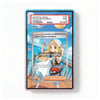 A PSA graded protective card slab containing a Pokémon trainer card, shown against a plain white background. The slab has a blue and pink glitter border, and the card features an illustration of a blonde female trainer with a Pokéball on a beach.