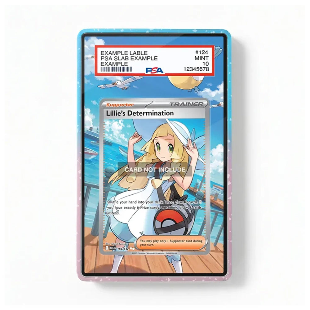 A PSA graded protective card slab containing a Pokémon trainer card, shown against a plain white background. The slab has a blue and pink glitter border, and the card features an illustration of a blonde female trainer with a Pokéball on a beach.