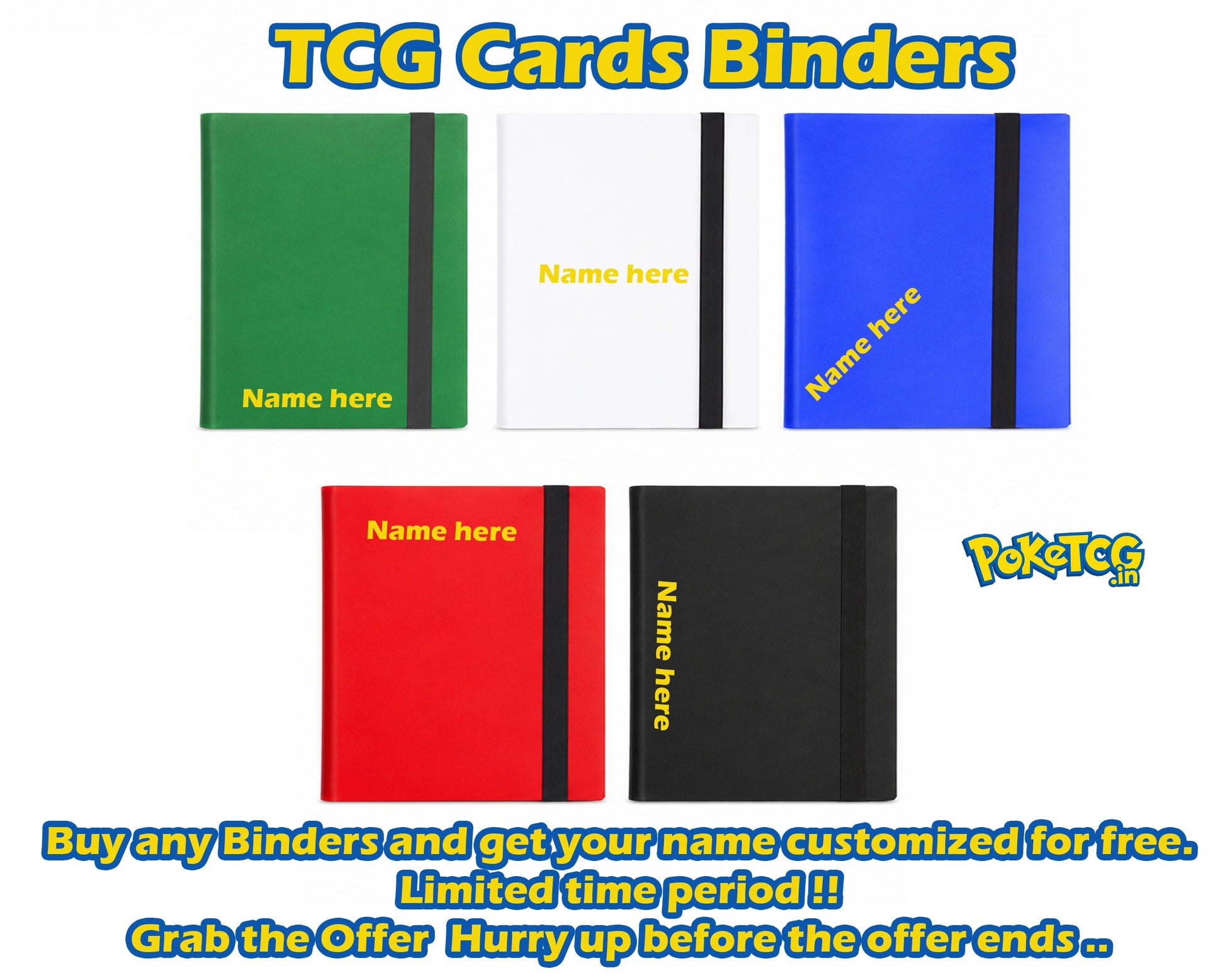 Five TCG card binders in green, white, blue, red, and black are shown on a white background with promotional text. The binders have elastic closures and 'Name here' customization text.