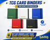 Promotional graphic for TCG card binders showing five color options: green, white, blue, red, and black. Each binder has a black elastic band and a gold placeholder name printed on the front.