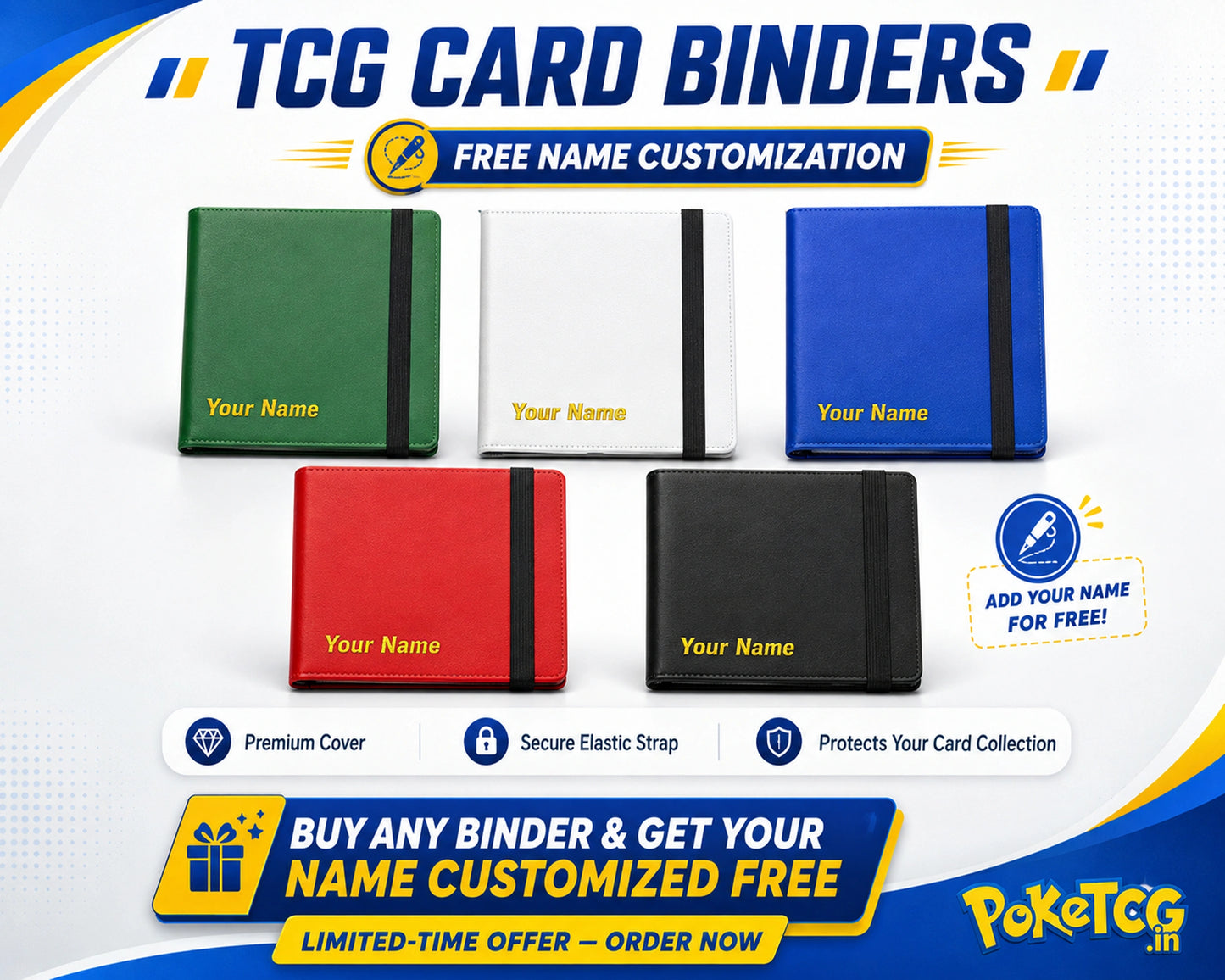 Promotional graphic for TCG card binders showing five color options: green, white, blue, red, and black. Each binder has a black elastic band and a gold placeholder name printed on the front.