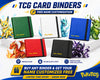 Promotional graphic for TCG card binders showing five customizable binder covers in green, white, blue, red, and black, each styled with a different Pokémon dragon illustration. The image includes text such as 'TCG CARD BINDERS', 'FREE NAME CUSTOMIZATION', and 'BUY ANY BINDER & GET YOUR NAME CUSTOMIZED FREE'.