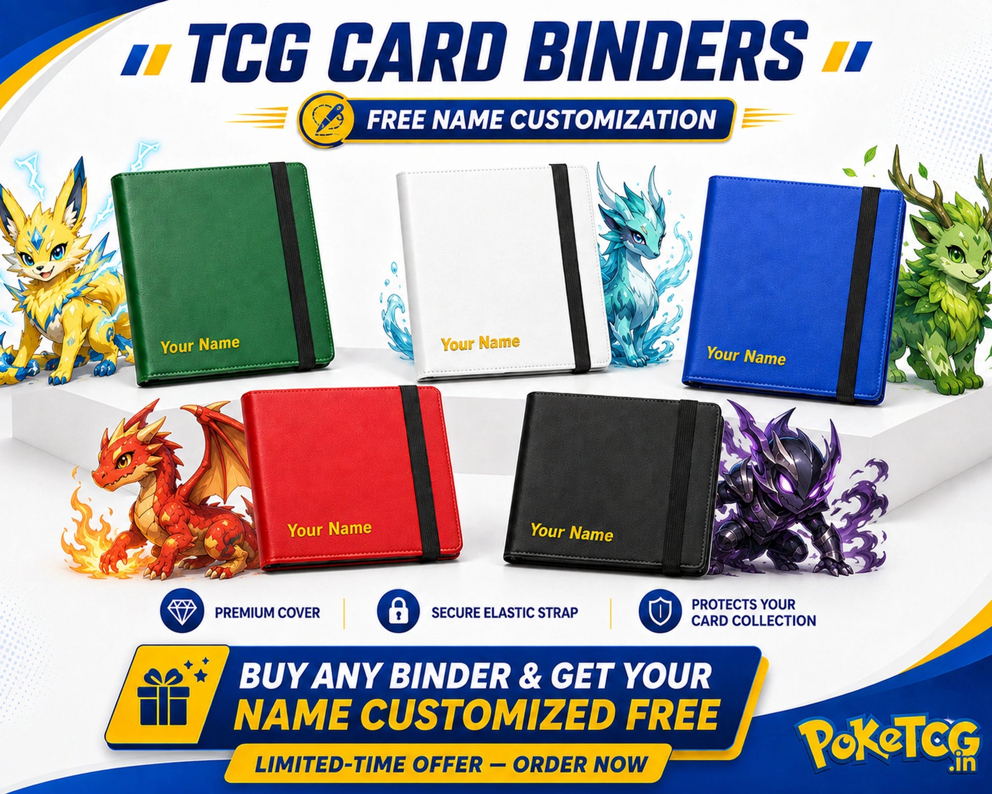 Promotional graphic for TCG card binders showing five customizable binder covers in green, white, blue, red, and black, each styled with a different Pokémon dragon illustration. The image includes text such as 'TCG CARD BINDERS', 'FREE NAME CUSTOMIZATION', and 'BUY ANY BINDER & GET YOUR NAME CUSTOMIZED FREE'.
